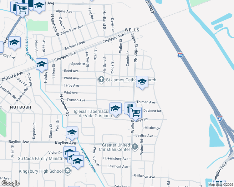 map of restaurants, bars, coffee shops, grocery stores, and more near 1593 Walter Street in Memphis