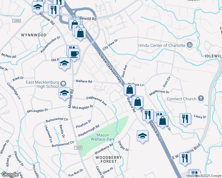 map of restaurants, bars, coffee shops, grocery stores, and more near 7124 Wallace Road in Charlotte