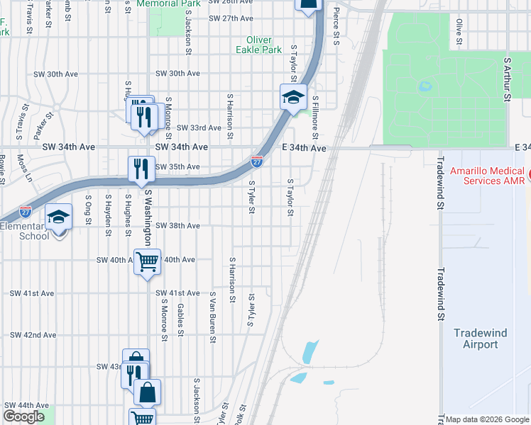 map of restaurants, bars, coffee shops, grocery stores, and more near 3705 South Polk Street in Amarillo