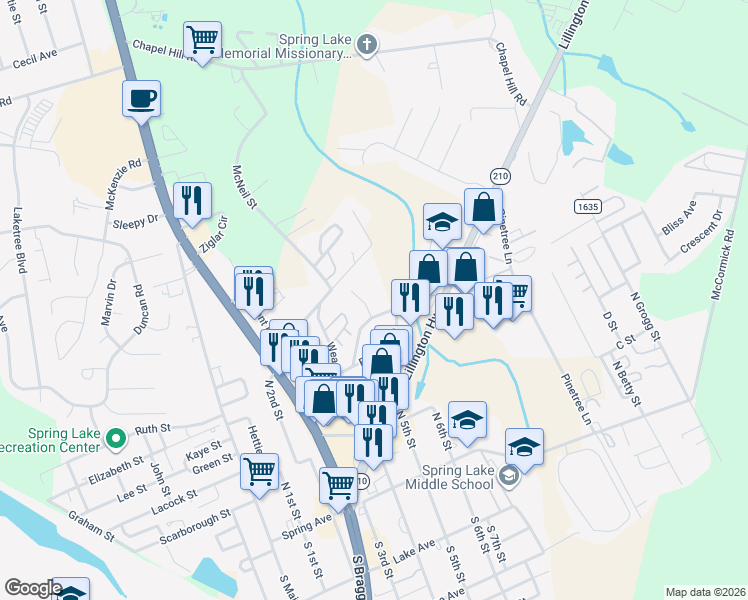 map of restaurants, bars, coffee shops, grocery stores, and more near 402 Laura Court in Spring Lake