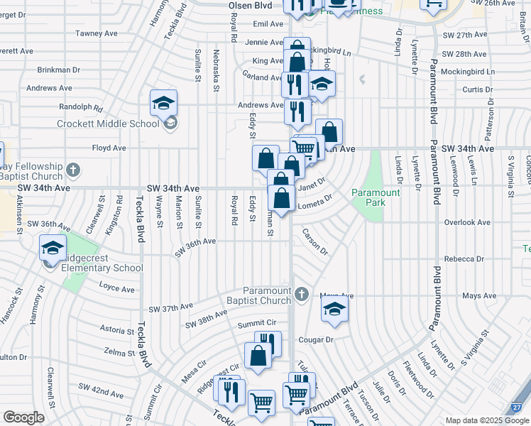 map of restaurants, bars, coffee shops, grocery stores, and more near 3410 Thurman Street in Amarillo
