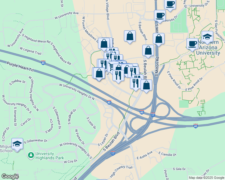map of restaurants, bars, coffee shops, grocery stores, and more near 2735 South Woodlands Village Boulevard in Flagstaff