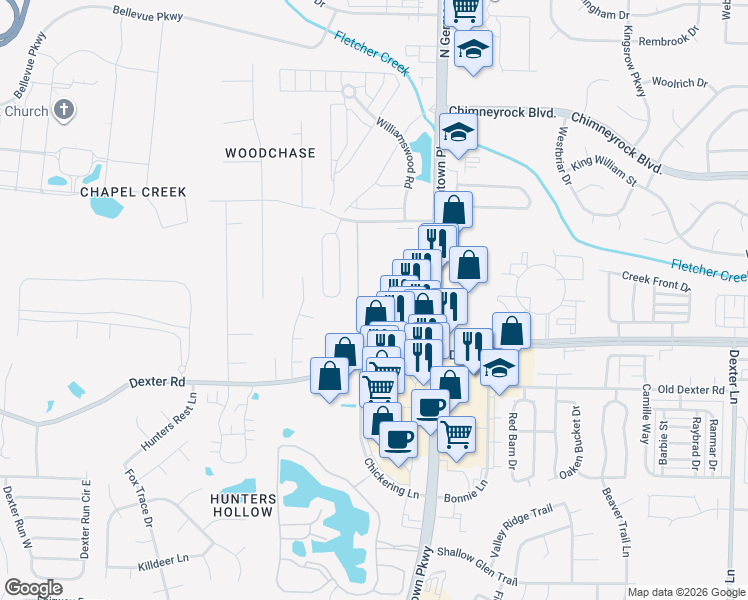 map of restaurants, bars, coffee shops, grocery stores, and more near 1812 Woodchase Glen Drive in Memphis