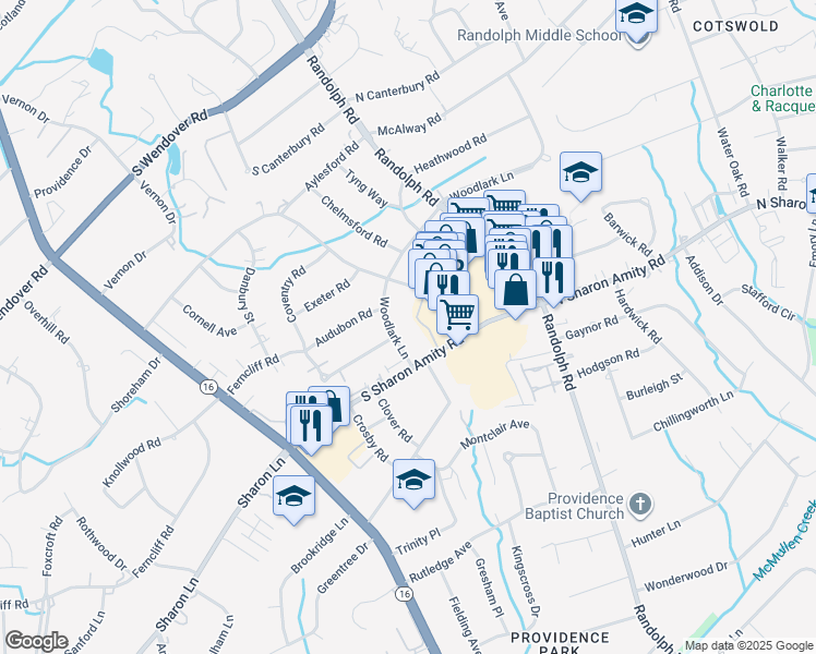 map of restaurants, bars, coffee shops, grocery stores, and more near 4753 Woodlark Ln in Charlotte
