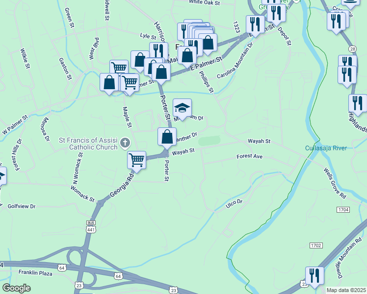 map of restaurants, bars, coffee shops, grocery stores, and more near 244 Wayah Street in Franklin