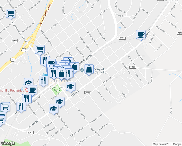 map of restaurants, bars, coffee shops, grocery stores, and more near 477 North Ashe Street in Southern Pines