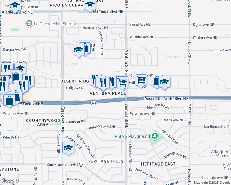map of restaurants, bars, coffee shops, grocery stores, and more near 8920 Holly Avenue Northeast in Albuquerque