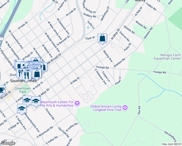 map of restaurants, bars, coffee shops, grocery stores, and more near 36 West Shibui Avenue in Southern Pines