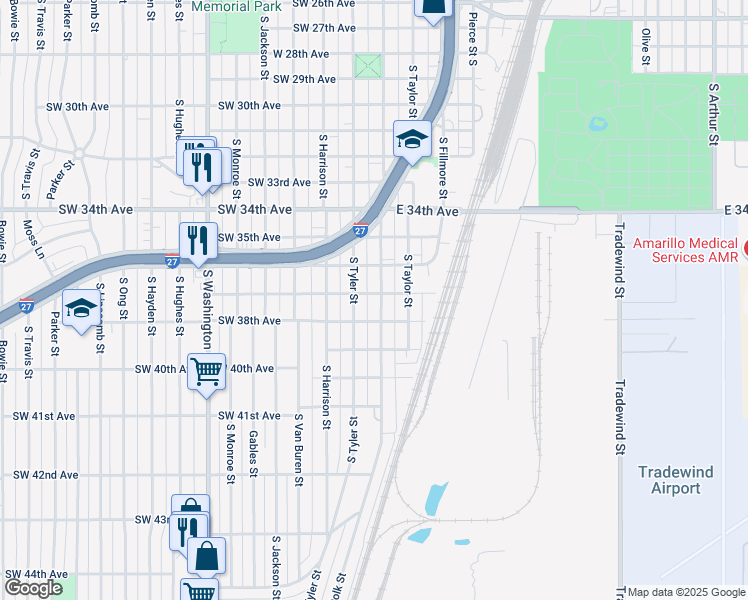 map of restaurants, bars, coffee shops, grocery stores, and more near 3705 South Polk Street in Amarillo
