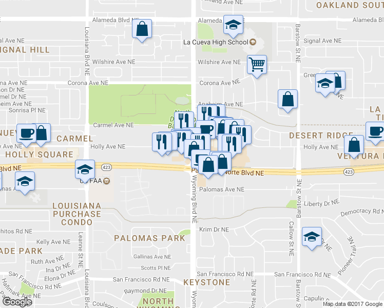 map of restaurants, bars, coffee shops, grocery stores, and more near 8031 Wyoming Boulevard Northeast in Albuquerque