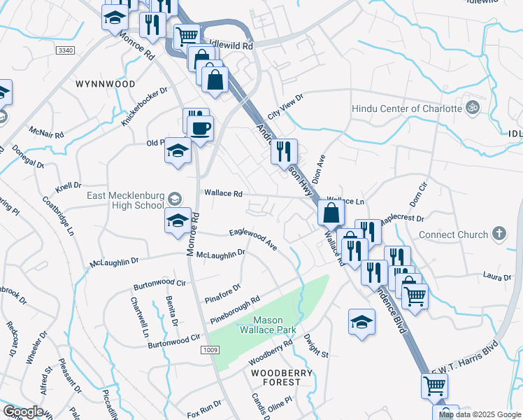 map of restaurants, bars, coffee shops, grocery stores, and more near 7108 Wallace Lane in Charlotte