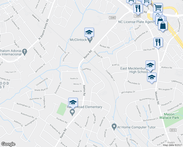 map of restaurants, bars, coffee shops, grocery stores, and more near 1548 Barberry Court in Charlotte