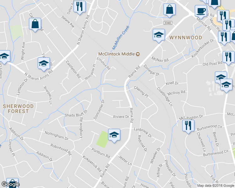map of restaurants, bars, coffee shops, grocery stores, and more near 5700 Charing Place in Charlotte