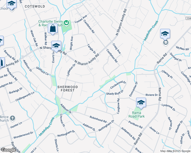 map of restaurants, bars, coffee shops, grocery stores, and more near 511 Briarpatch Lane in Charlotte