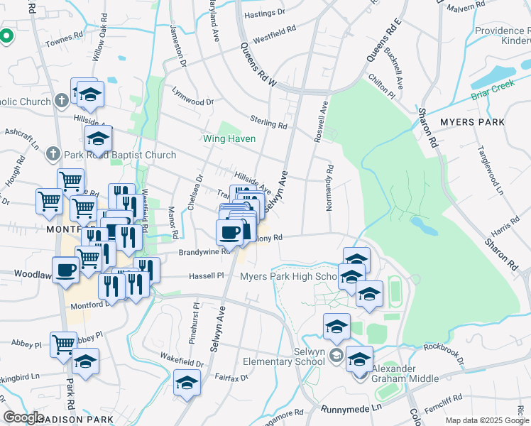 map of restaurants, bars, coffee shops, grocery stores, and more near 2715 Selwyn Avenue in Charlotte