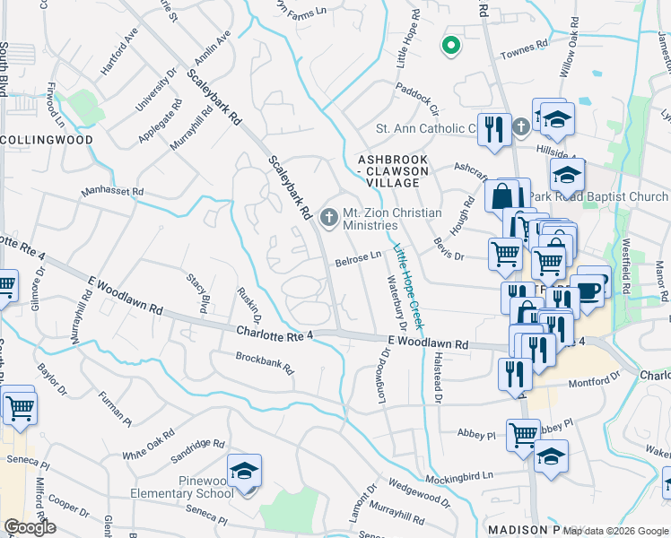 map of restaurants, bars, coffee shops, grocery stores, and more near 1100 Scaleybark Road in Charlotte