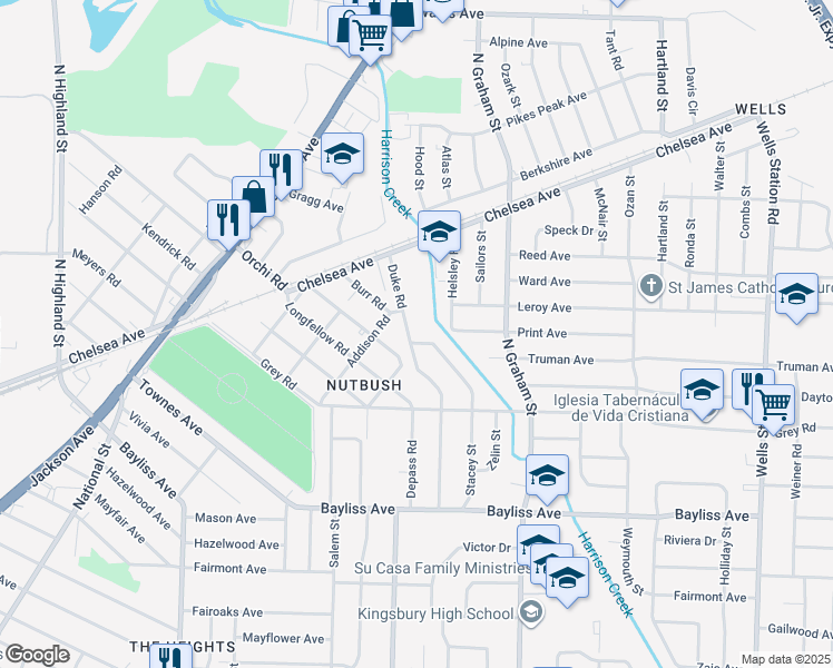 map of restaurants, bars, coffee shops, grocery stores, and more near 1569 Duke Road in Memphis