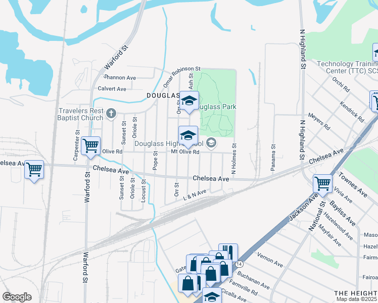 map of restaurants, bars, coffee shops, grocery stores, and more near 3200 Mount Olive Road in Memphis