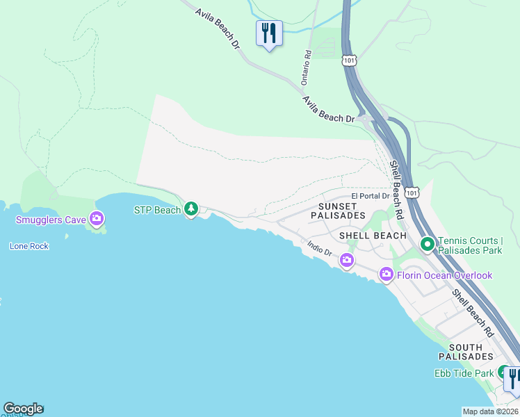 map of restaurants, bars, coffee shops, grocery stores, and more near 10 Bluff Drive in Pismo Beach