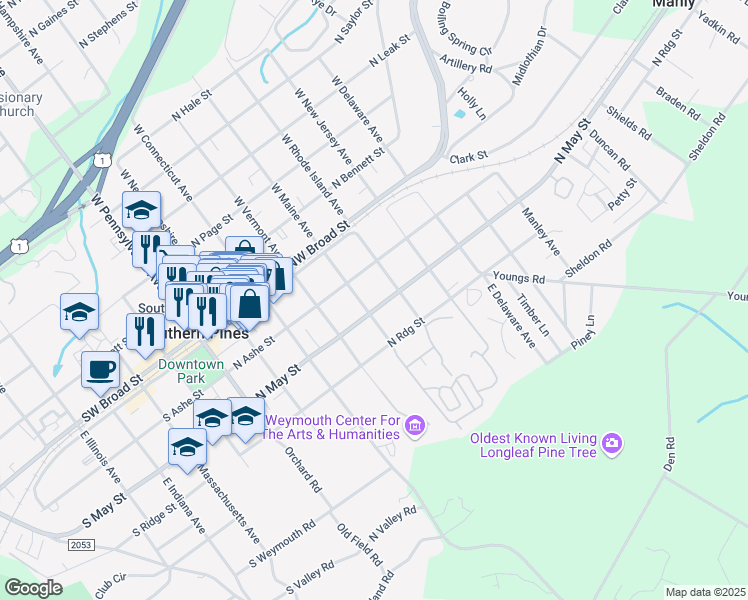 map of restaurants, bars, coffee shops, grocery stores, and more near 500 North May Street in Southern Pines