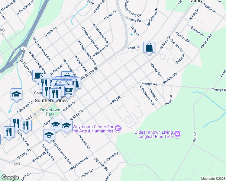 map of restaurants, bars, coffee shops, grocery stores, and more near 575 North May Street in Southern Pines