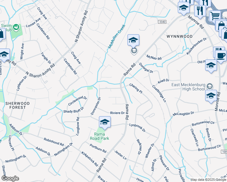 map of restaurants, bars, coffee shops, grocery stores, and more near 5710 Charing Place in Charlotte