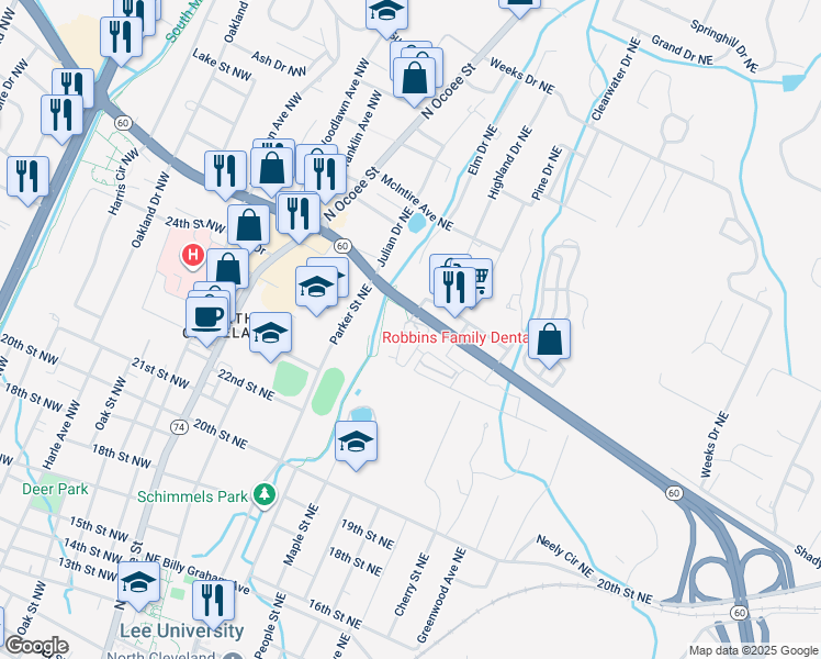 map of restaurants, bars, coffee shops, grocery stores, and more near 260 25th Street Northeast in Cleveland