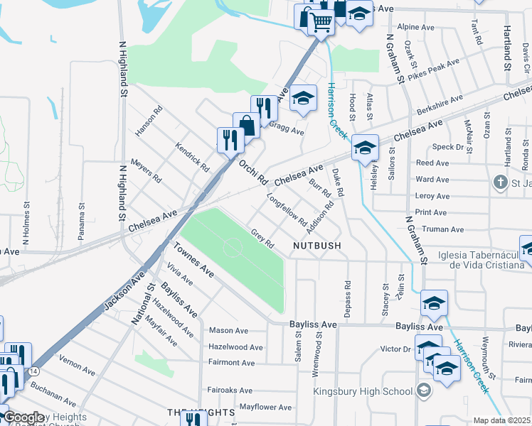 map of restaurants, bars, coffee shops, grocery stores, and more near 3732 Whittier Road in Memphis