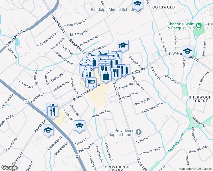 map of restaurants, bars, coffee shops, grocery stores, and more near 135 South Sharon Amity Road in Charlotte