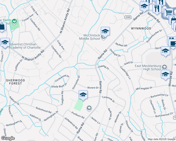 map of restaurants, bars, coffee shops, grocery stores, and more near 5700 Charing Place in Charlotte