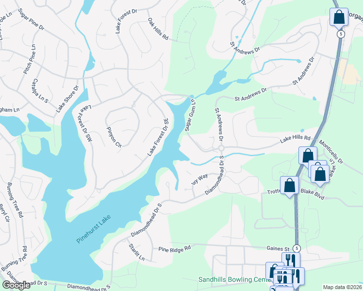 map of restaurants, bars, coffee shops, grocery stores, and more near 250 Sugar Gum Lane in Pinehurst