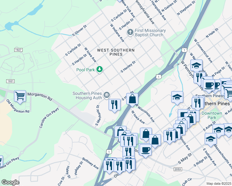 map of restaurants, bars, coffee shops, grocery stores, and more near 680 West Iowa Avenue in Southern Pines