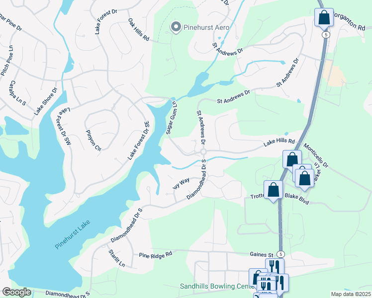 map of restaurants, bars, coffee shops, grocery stores, and more near 285 Sugar Gum Lane in Pinehurst