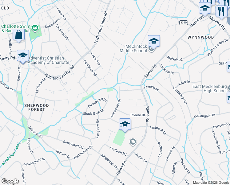 map of restaurants, bars, coffee shops, grocery stores, and more near 5756 Doncaster Drive in Charlotte