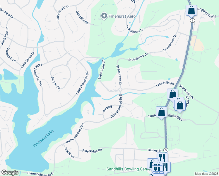 map of restaurants, bars, coffee shops, grocery stores, and more near 285 Sugar Gum Lane in Pinehurst