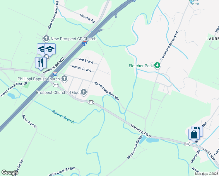 map of restaurants, bars, coffee shops, grocery stores, and more near 2140 Old Harrison Pike NW in Cleveland