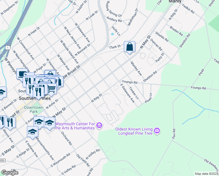 map of restaurants, bars, coffee shops, grocery stores, and more near 514 East New Jersey Avenue in Southern Pines