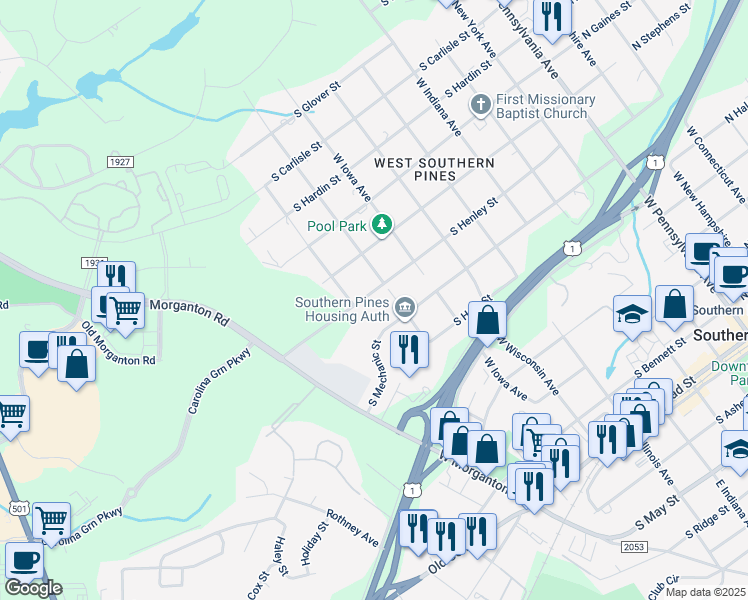 map of restaurants, bars, coffee shops, grocery stores, and more near 837 South Henley Street in Southern Pines