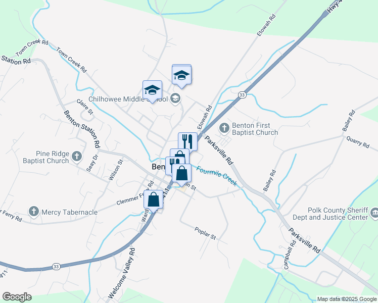 map of restaurants, bars, coffee shops, grocery stores, and more near Highway 411 in Benton