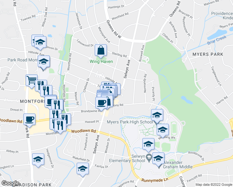 map of restaurants, bars, coffee shops, grocery stores, and more near Selwyn Avenue & Tranquil Avenue in Charlotte