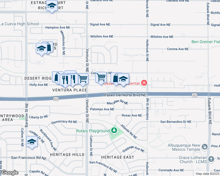 map of restaurants, bars, coffee shops, grocery stores, and more near 9100 Holly Avenue Northeast in Albuquerque