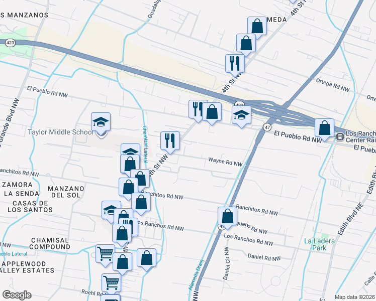 map of restaurants, bars, coffee shops, grocery stores, and more near 314 Wayne Road Northwest in Albuquerque