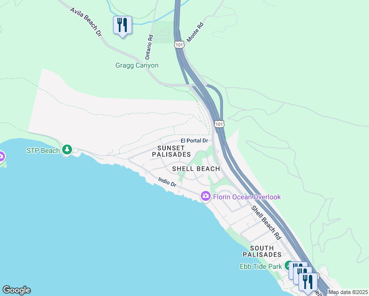 map of restaurants, bars, coffee shops, grocery stores, and more near 175 Miramar Lane in Pismo Beach