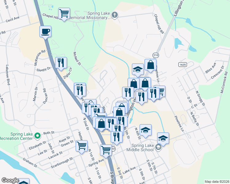 map of restaurants, bars, coffee shops, grocery stores, and more near 402 Laura Court in Spring Lake