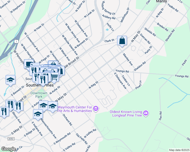 map of restaurants, bars, coffee shops, grocery stores, and more near 340 East Rhode Island Avenue in Southern Pines