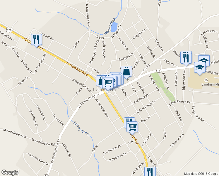 map of restaurants, bars, coffee shops, grocery stores, and more near 105 East Rutherford Street in Landrum