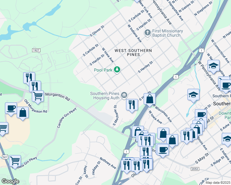 map of restaurants, bars, coffee shops, grocery stores, and more near 837 South Henley Street in Southern Pines