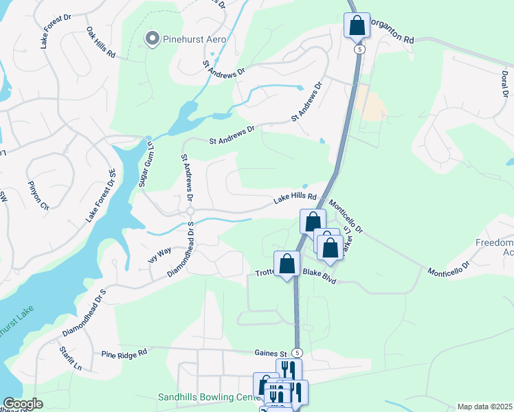 map of restaurants, bars, coffee shops, grocery stores, and more near 145 Lake Hills Road in Pinehurst