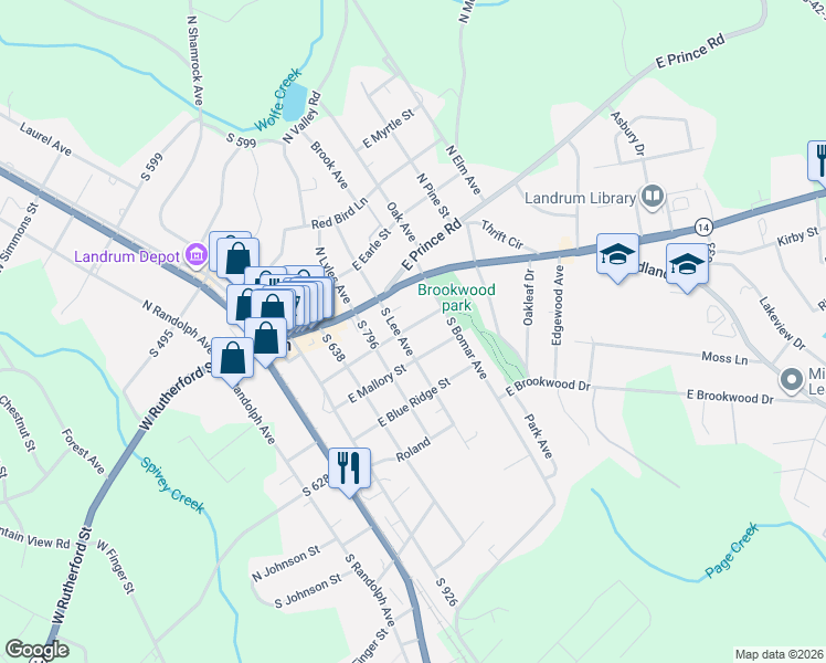 map of restaurants, bars, coffee shops, grocery stores, and more near 201 South 795 in Landrum