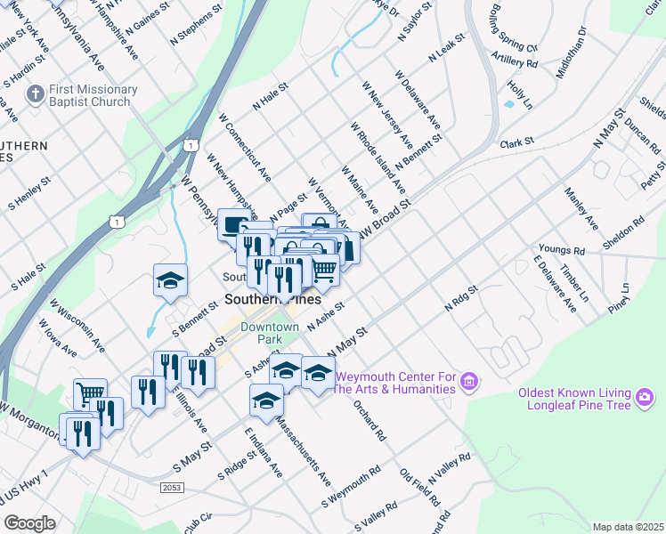 map of restaurants, bars, coffee shops, grocery stores, and more near 116 East Connecticut Avenue in Southern Pines